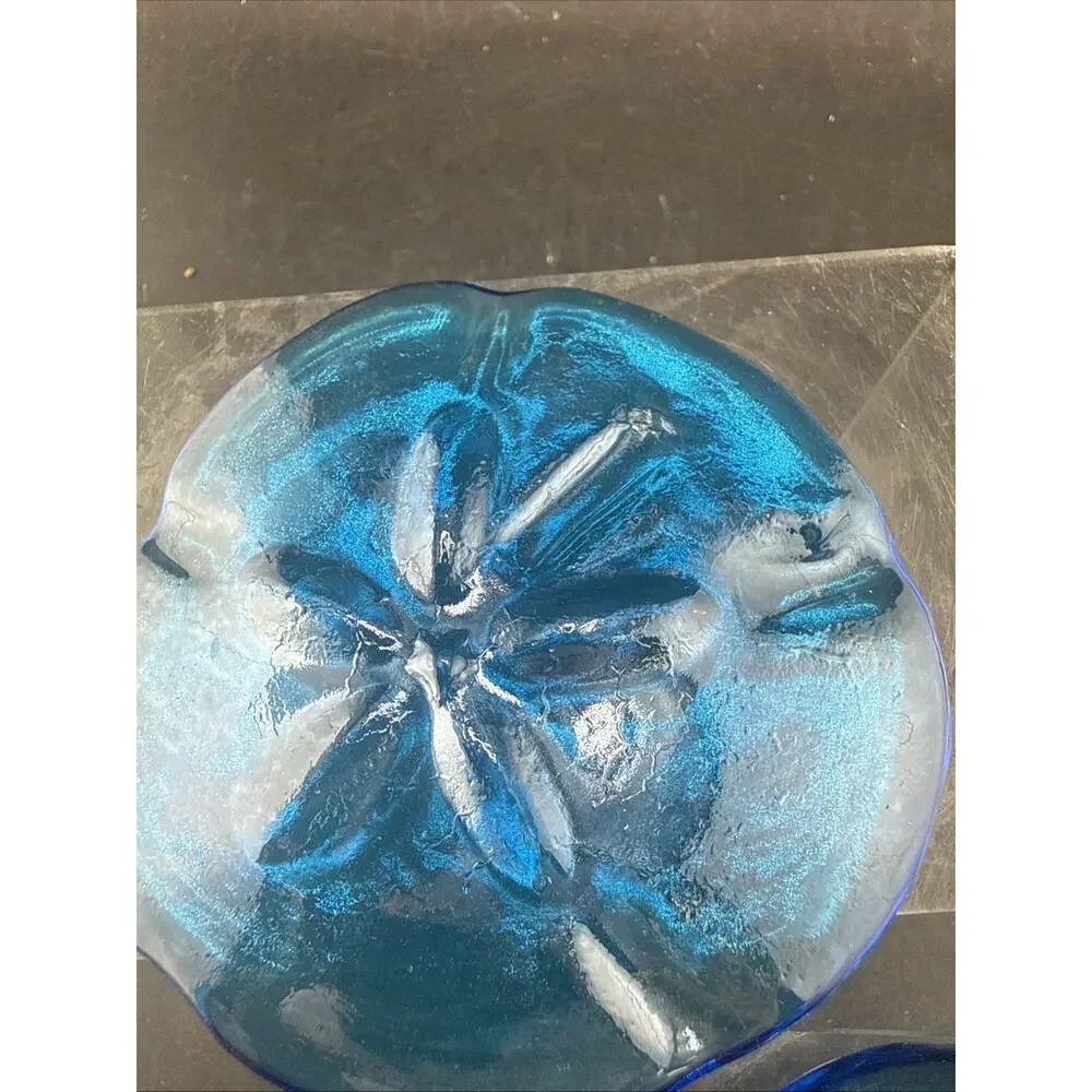 Cobalt Blue Art Glass Sand Dollar Figurine Coastal Sea Life Paperweights Pair